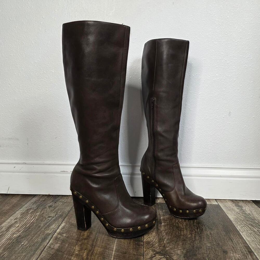 Brown Leather Knee High Platform Boots Studded Clog Heel EU 38 Boho Y2K - Picture 6 of 8